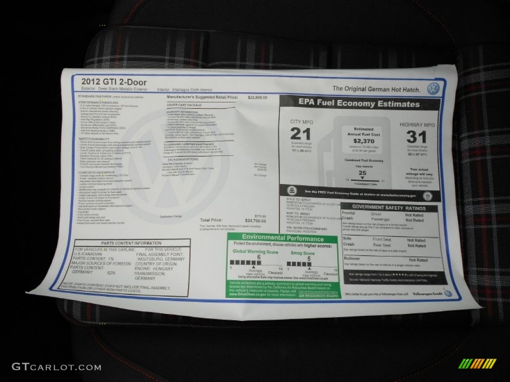2012 Volkswagen GTI 2 Door Window Sticker Photo #54324847