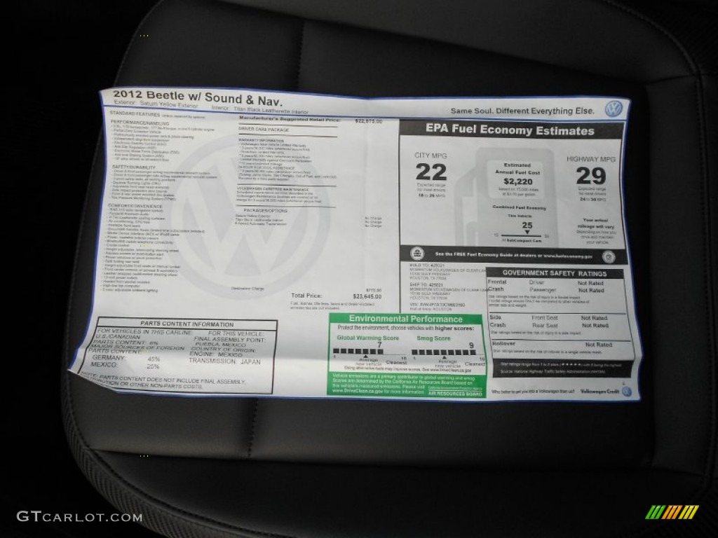 2012 Volkswagen Beetle 2.5L Window Sticker Photo #54325293