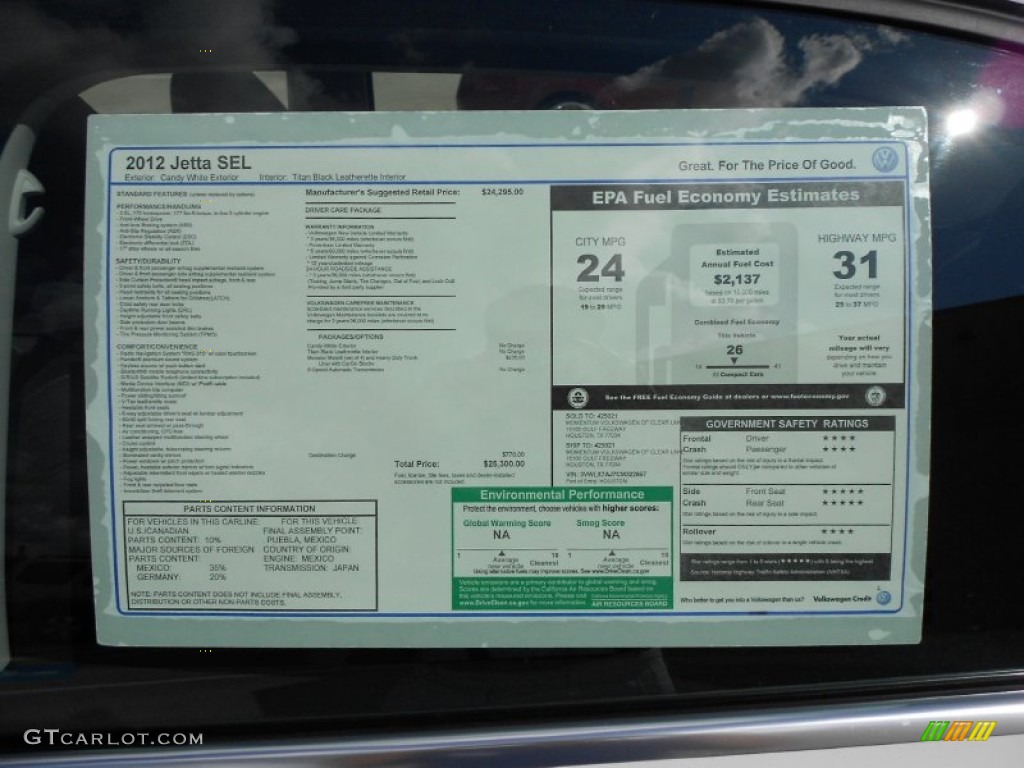 2012 Volkswagen Jetta SEL Sedan Window Sticker Photo #54326800