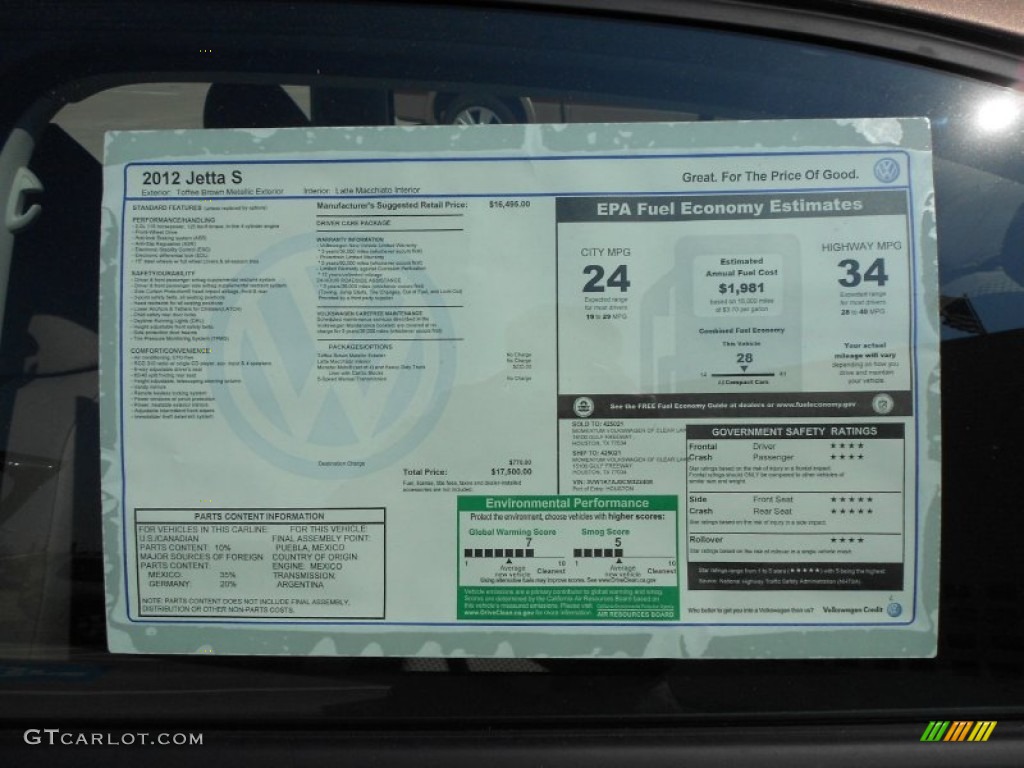 2012 Volkswagen Jetta S Sedan Window Sticker Photo #54327001
