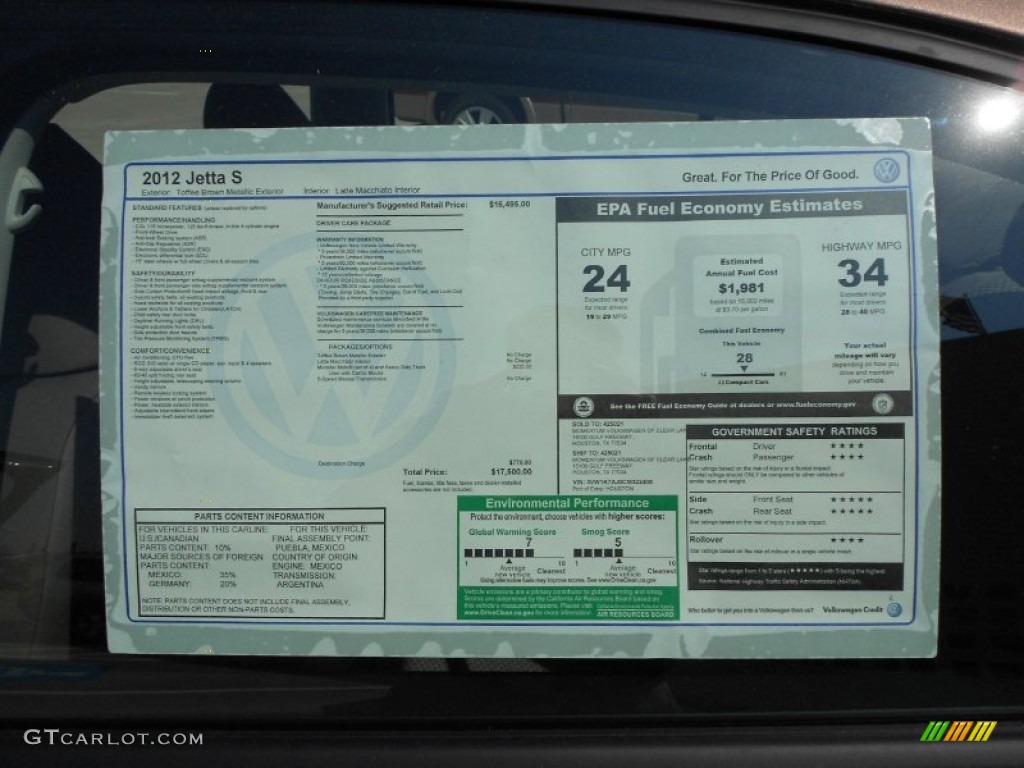 2012 Volkswagen Jetta S Sedan Window Sticker Photo #54327001