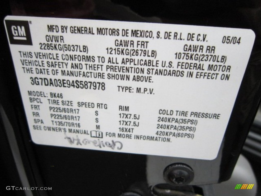 2004 Pontiac Aztek Standard Aztek Model Info Tag Photo #54335186