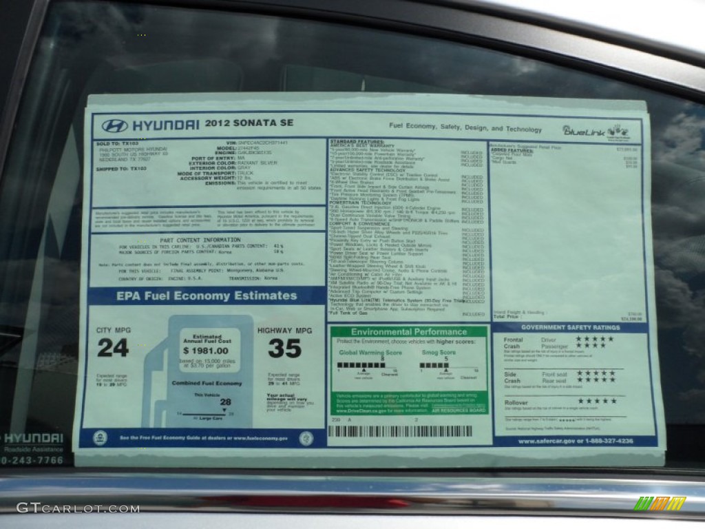 2012 Hyundai Sonata SE Window Sticker Photo #54373660
