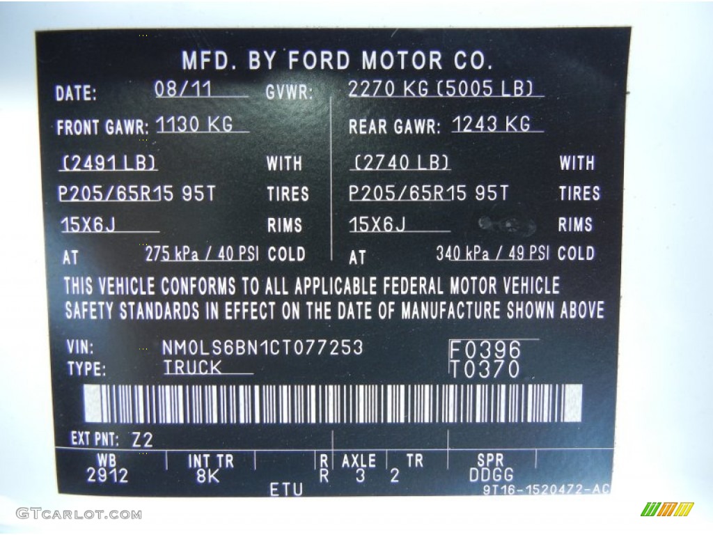 2012 Transit Connect Color Code Z2 for Frozen White Photo #54382609