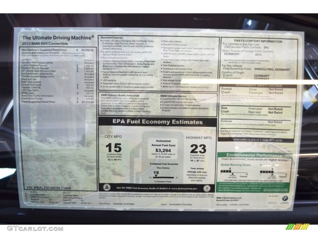 2012 BMW 6 Series 650i Convertible Window Sticker Photo #54389926