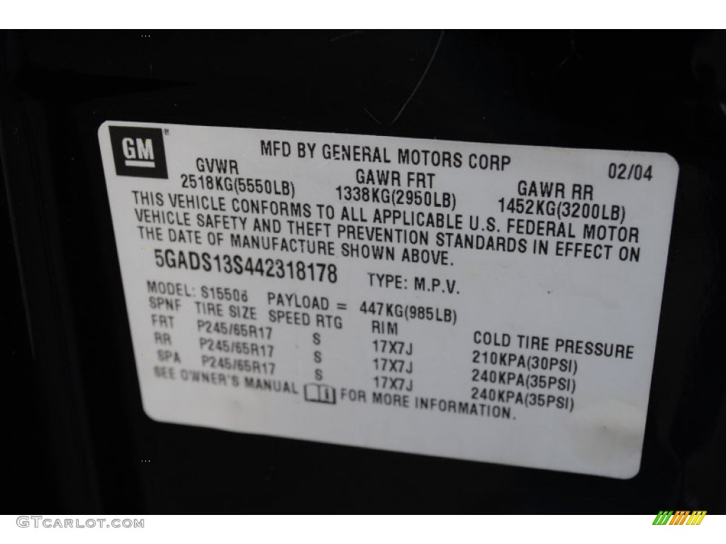 2004 Buick Rainier CXL Info Tag Photo #54392908