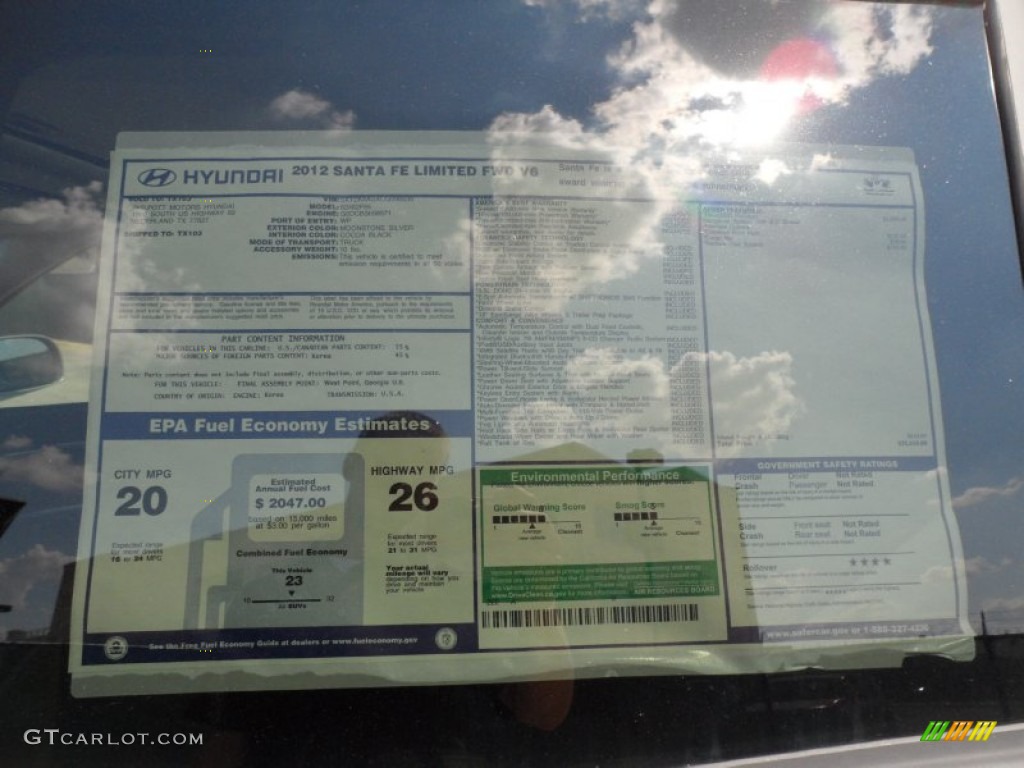 2012 Hyundai Santa Fe Limited V6 Window Sticker Photo #54399532