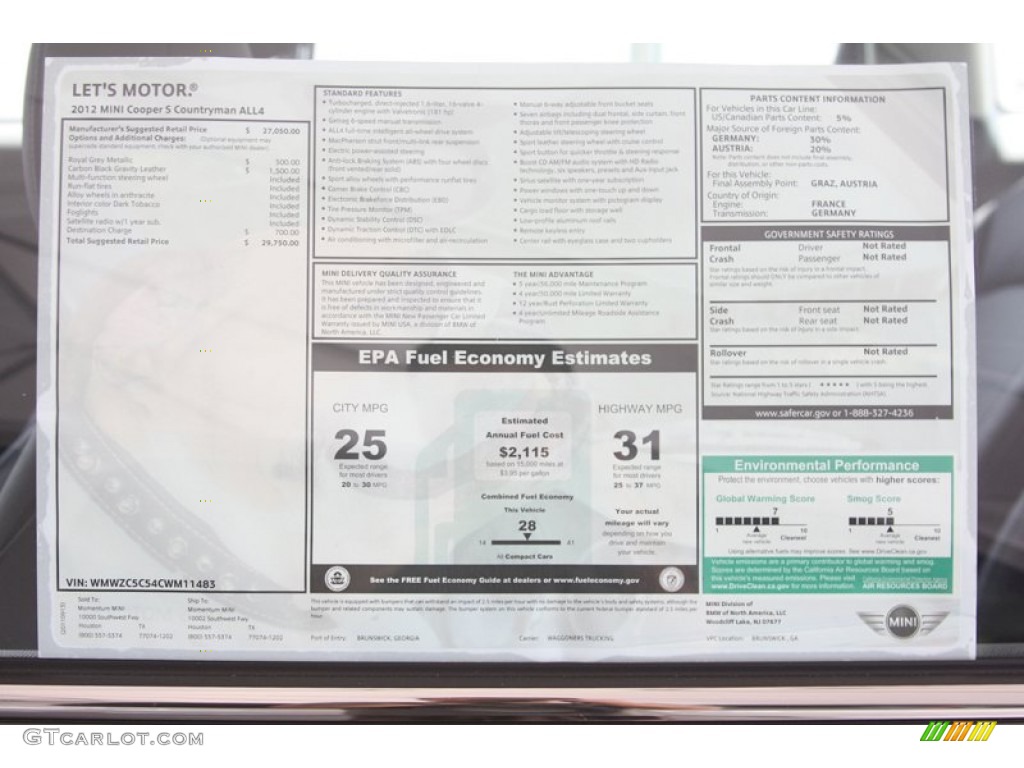 2012 Mini Cooper S Countryman All4 AWD Window Sticker Photo #54400714