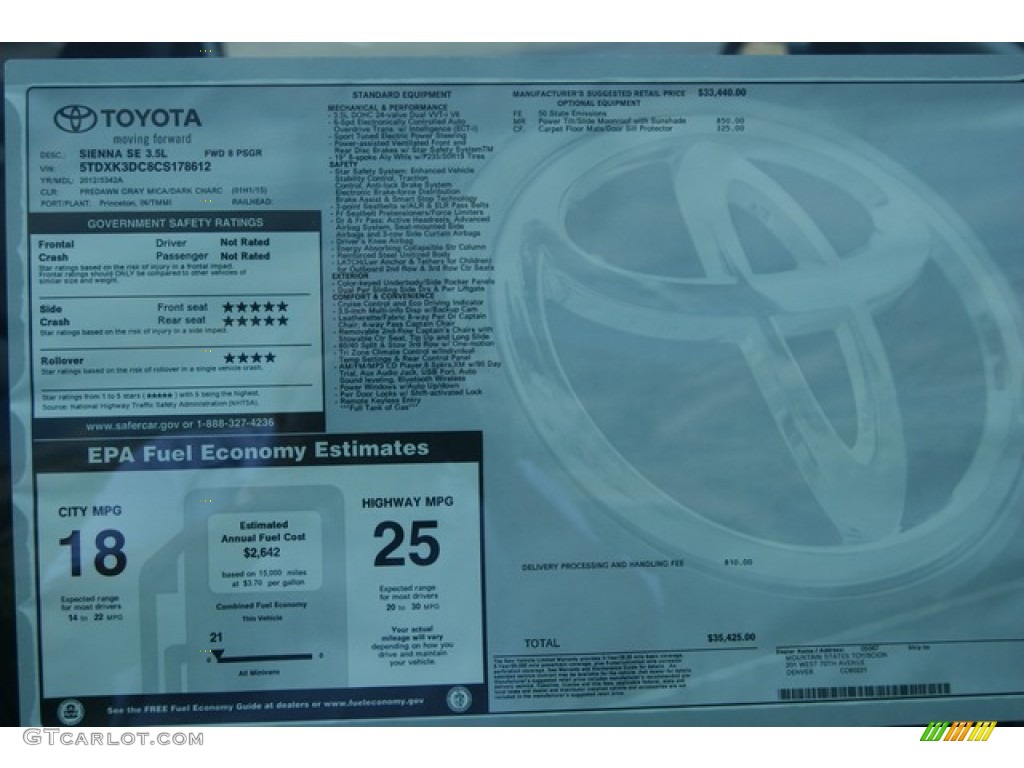 2012 Toyota Sienna SE Window Sticker Photo #54401821