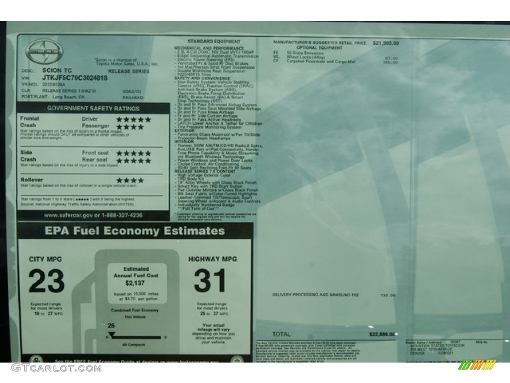 2012 Scion tC Release Series 7.0 Window Sticker Photo #54402997