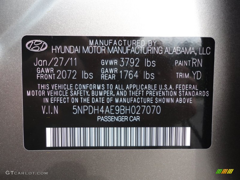 2011 Elantra Color Code RN for Desert Bronze Photo #54438543