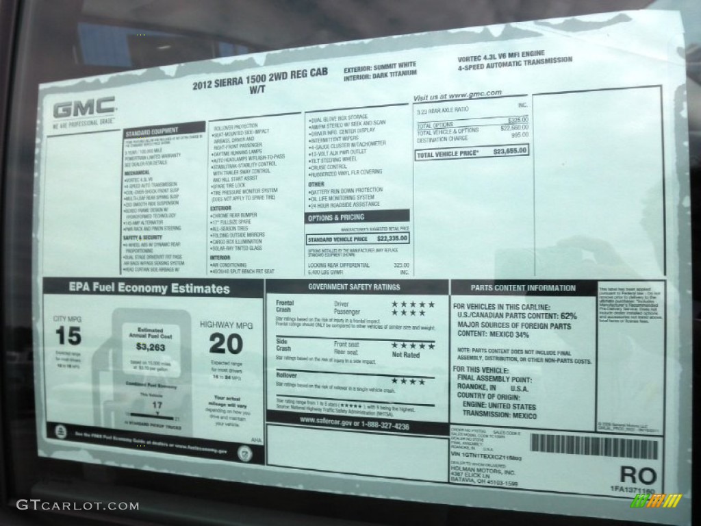2012 GMC Sierra 1500 Regular Cab Window Sticker Photo #54442651