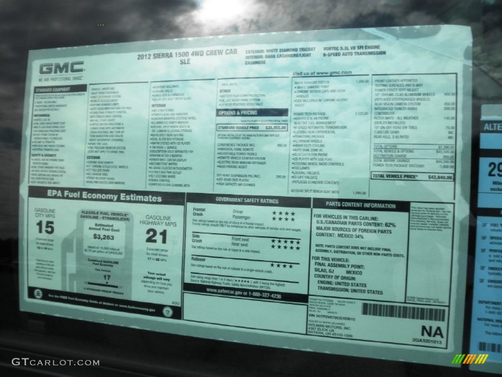 2012 GMC Sierra 1500 SLE Crew Cab 4x4 Window Sticker Photo #54443343