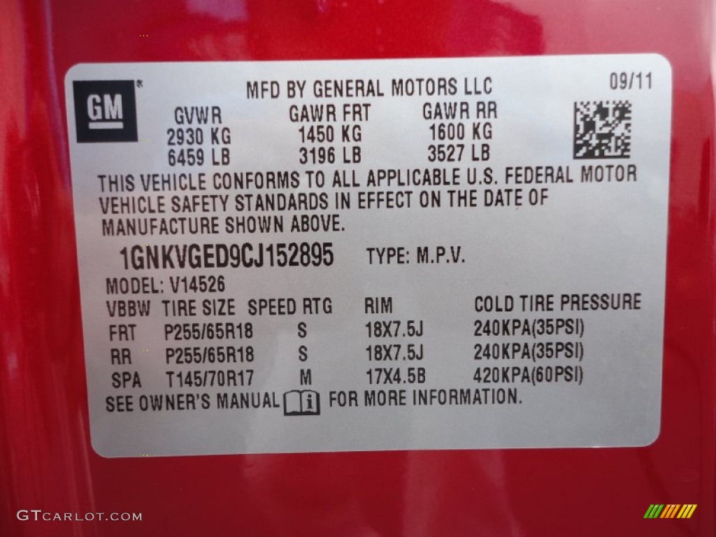 2012 Chevrolet Traverse LT AWD Info Tag Photo #54444102
