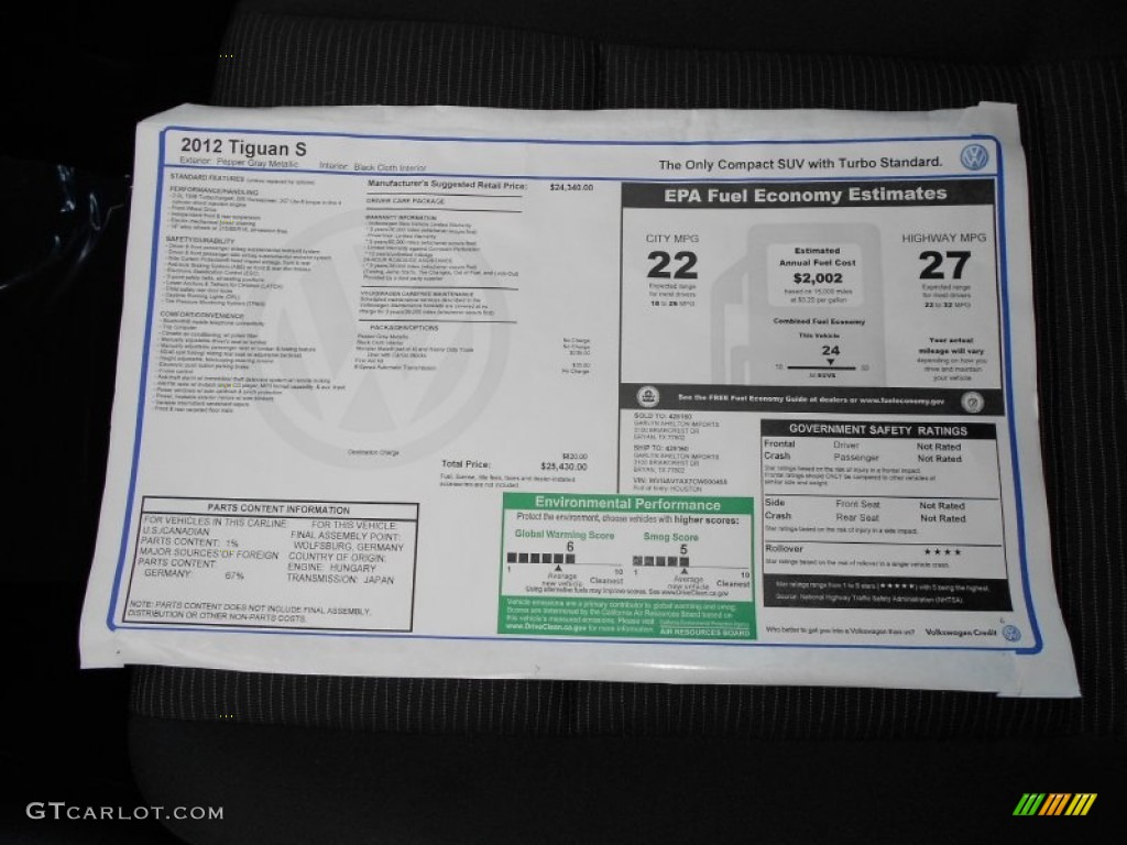2012 Volkswagen Tiguan S Window Sticker Photo #54445127