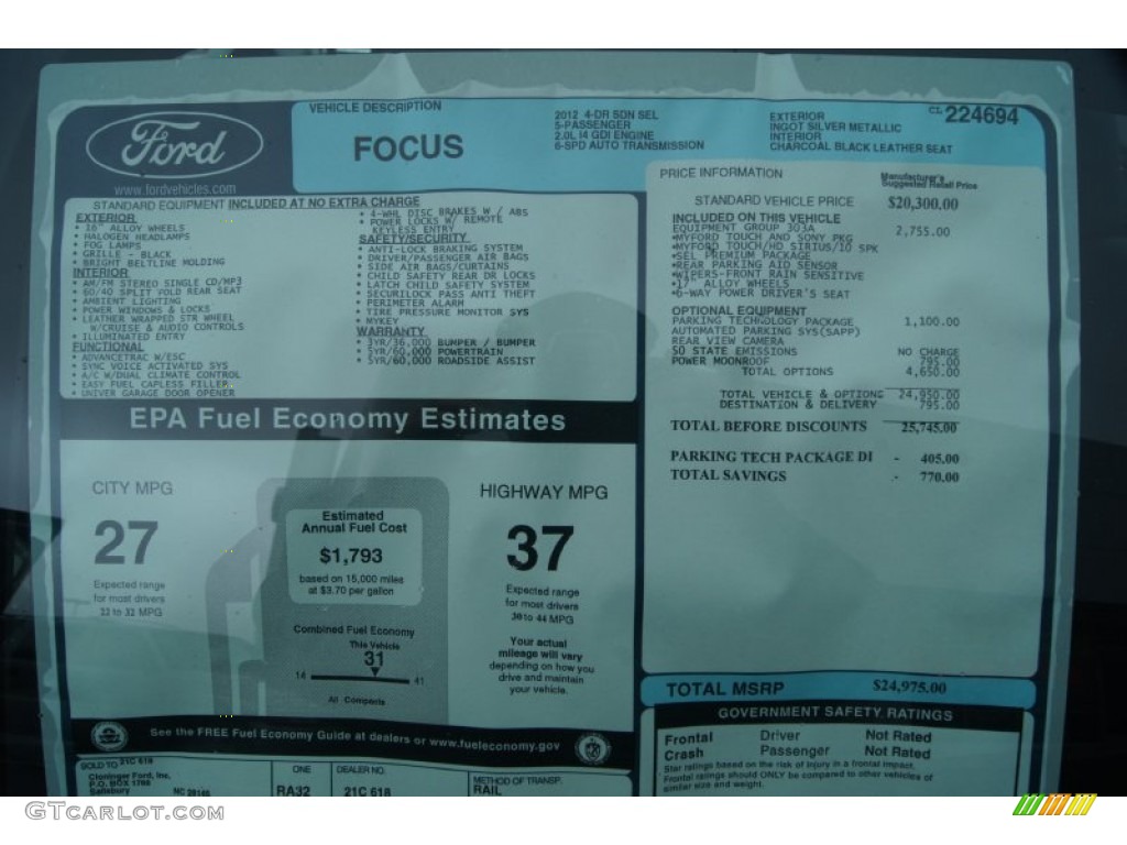 2012 Ford Focus SEL Sedan Window Sticker Photo #54448740
