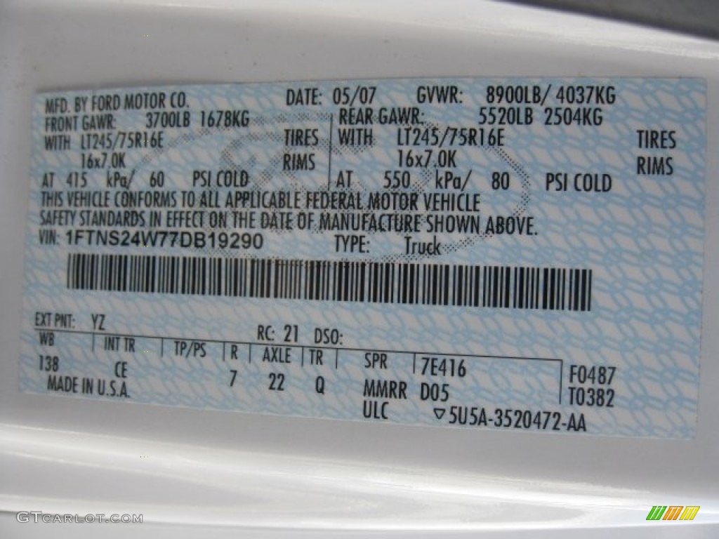 2007 E Series Van Color Code YZ for Oxford White Photo #54471834