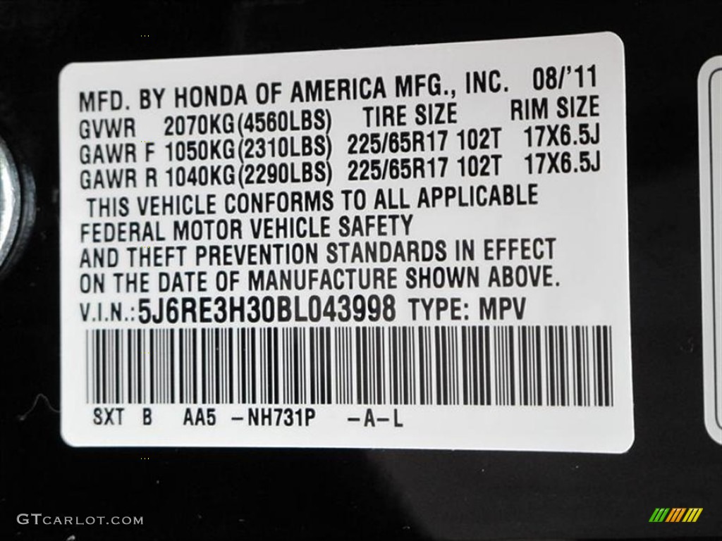 2011 CR-V Color Code NH731P for Crystal Black Pearl Photo #54480990