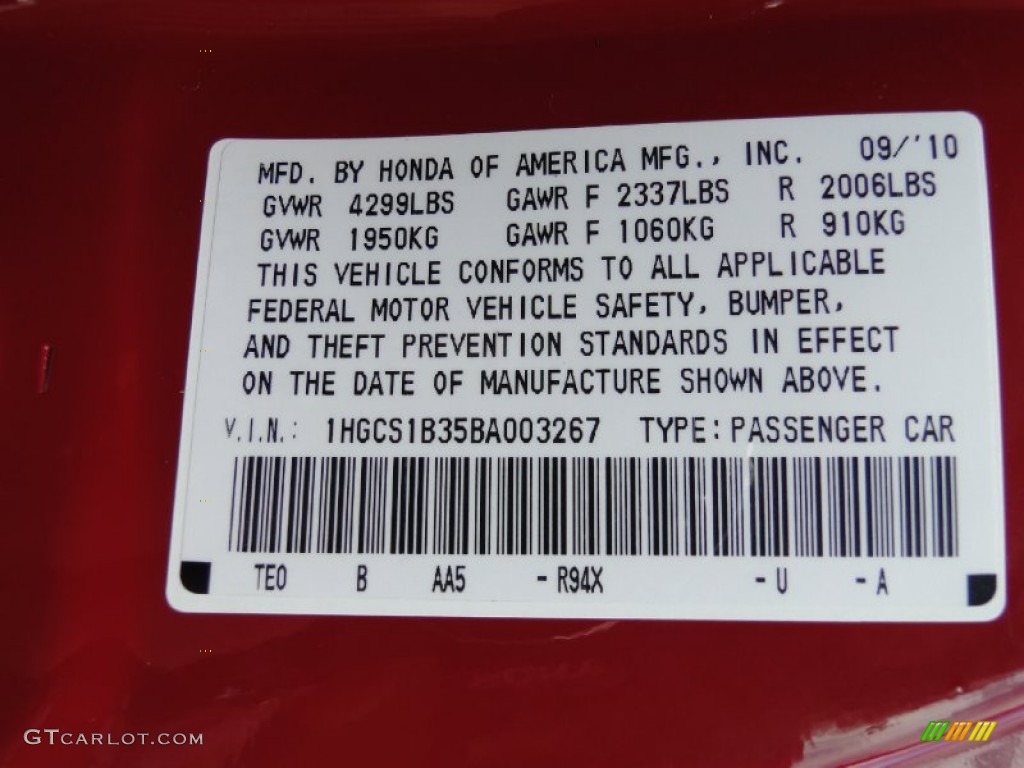 2011 Honda Accord LX-S Coupe Color Code Photos