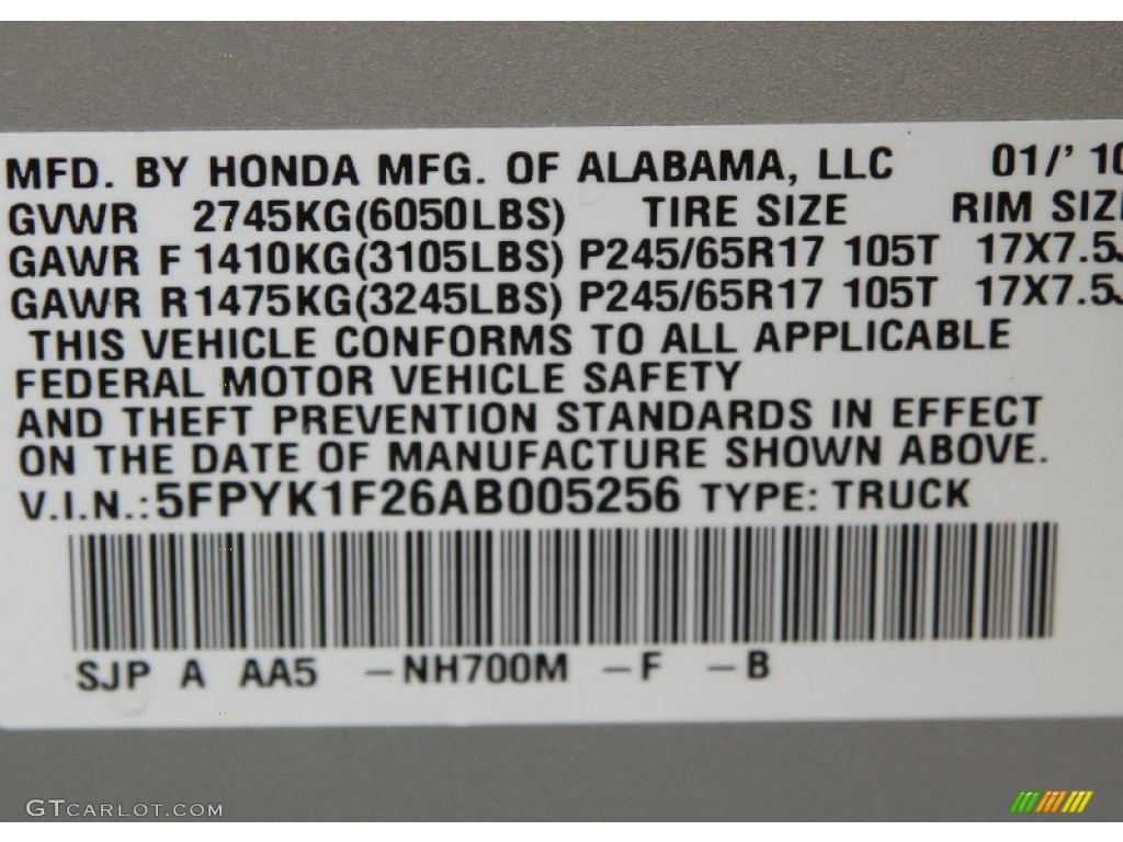 2010 Ridgeline Color Code NH700M for Alabaster Silver Metallic Photo #54500039