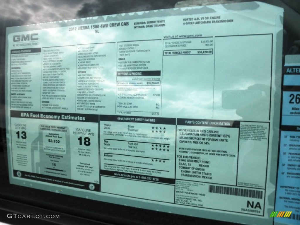2012 GMC Sierra 1500 SL Crew Cab 4x4 Window Sticker Photo #54514544