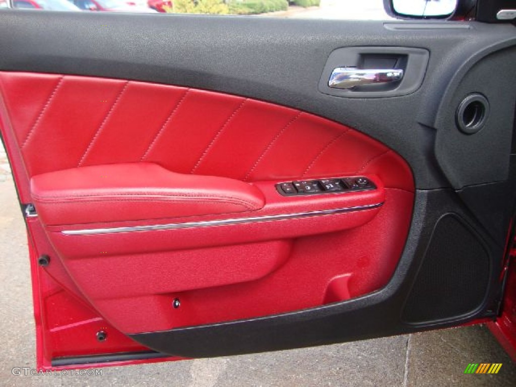 2012 Dodge Charger R/T Plus Black/Red Door Panel Photo #54520652