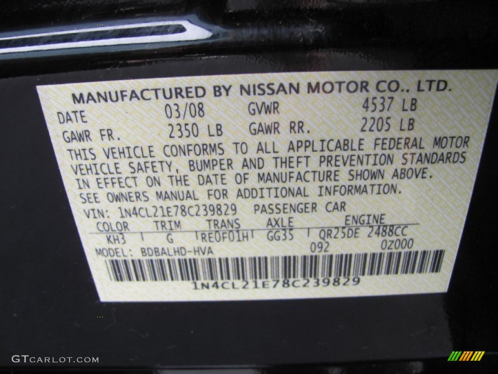 2008 Altima Color Code KH3 for Super Black Photo #54522599