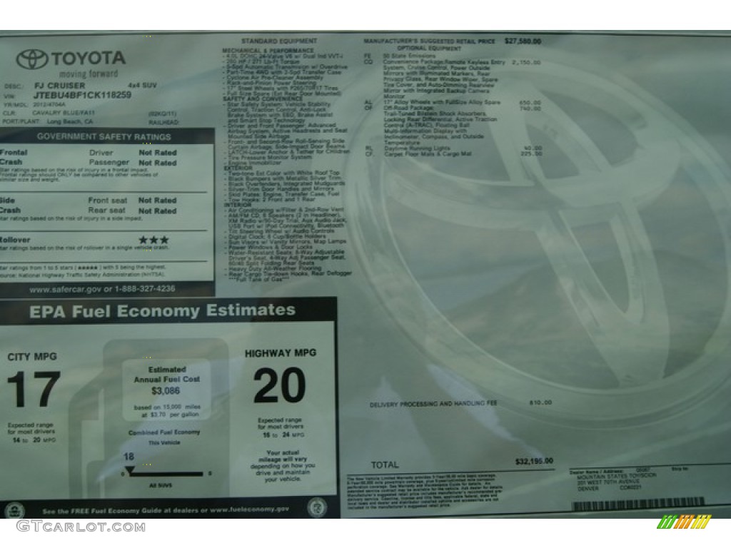 2012 Toyota FJ Cruiser 4WD Window Sticker Photo #54529895