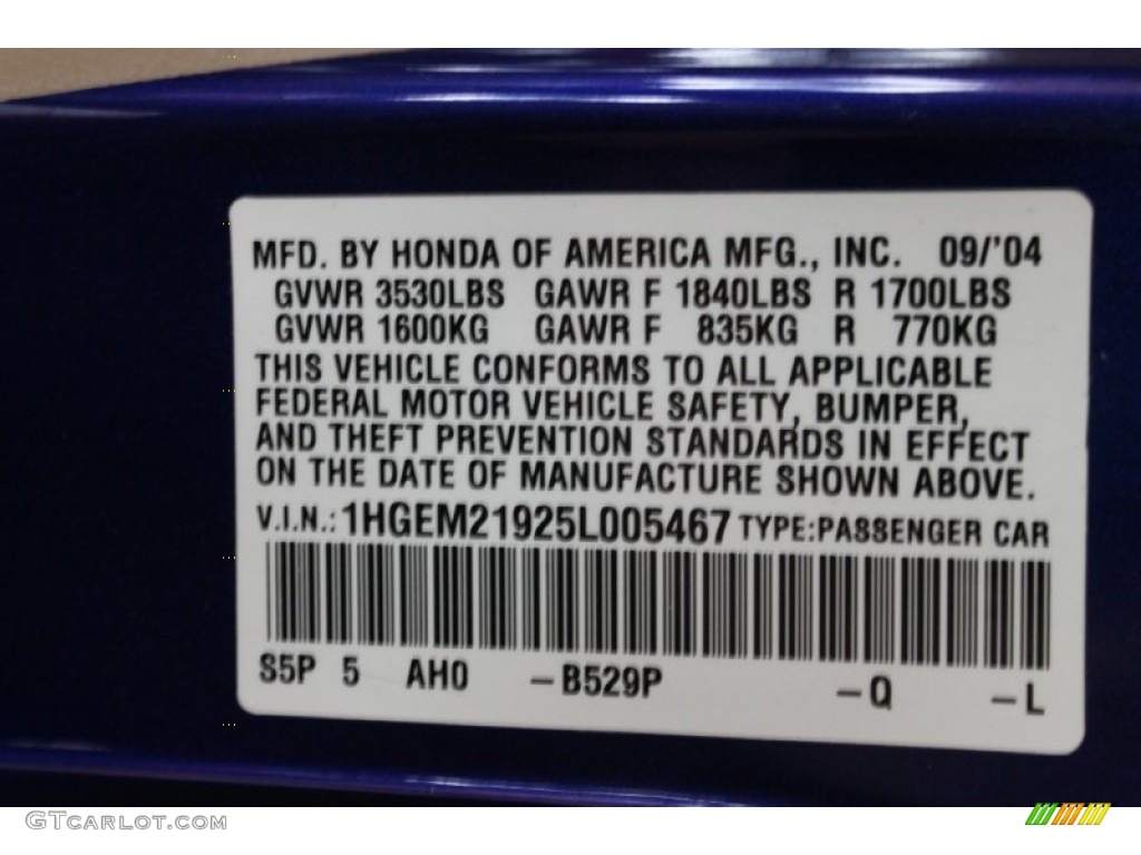 2005 Civic Color Code B529P for Fiji Blue Pearl Photo #54542043