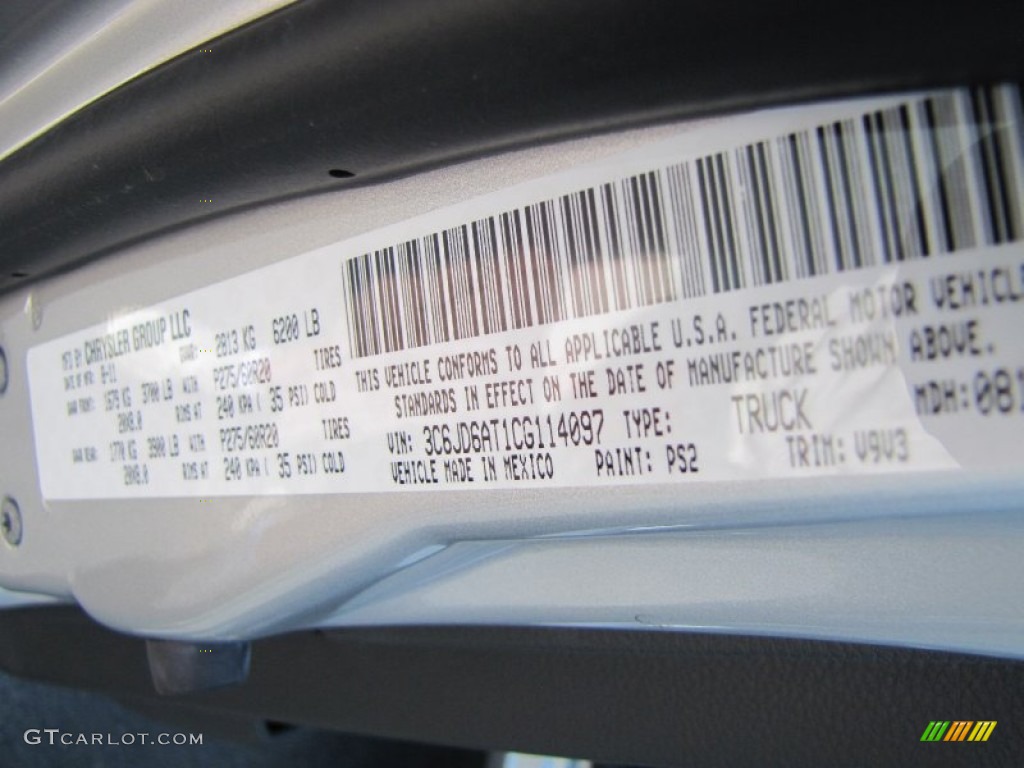 2012 Ram 1500 Color Code PS2 for Bright Silver Metallic Photo #54545880