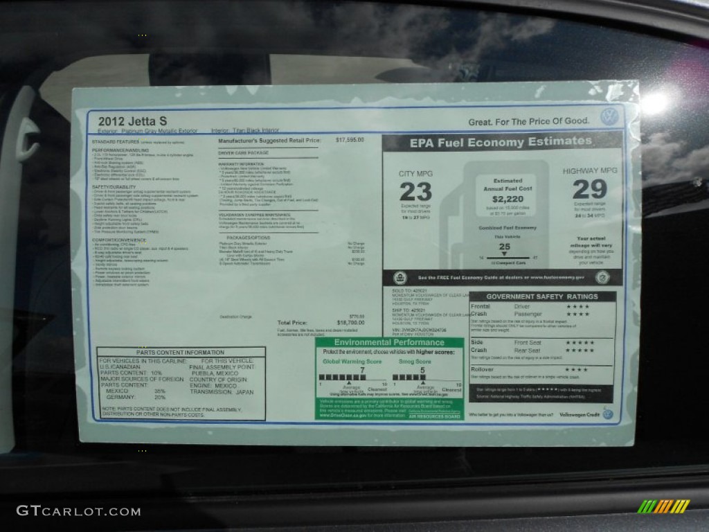 2012 Volkswagen Jetta S Sedan Window Sticker Photo #54555203