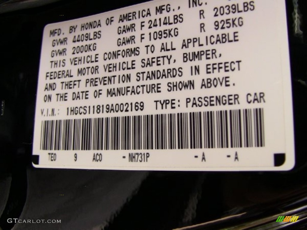2009 Honda Accord EX-L Coupe Color Code Photos