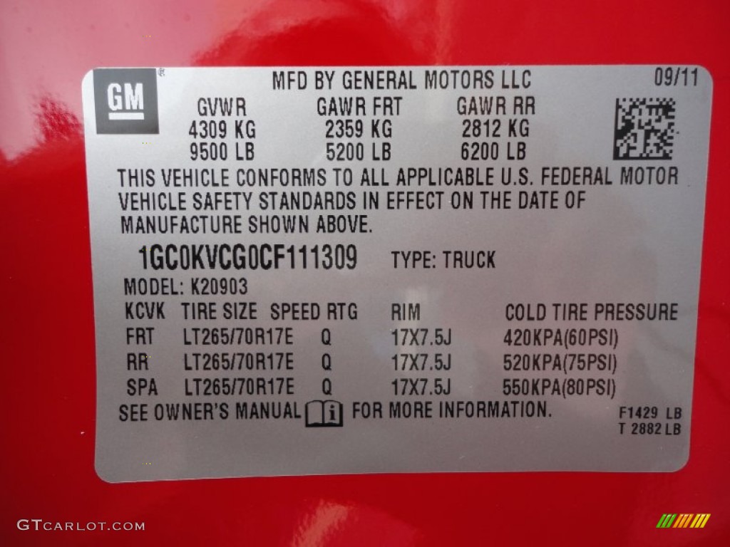 2012 Chevrolet Silverado 2500HD Work Truck Regular Cab 4x4 Info Tag Photos
