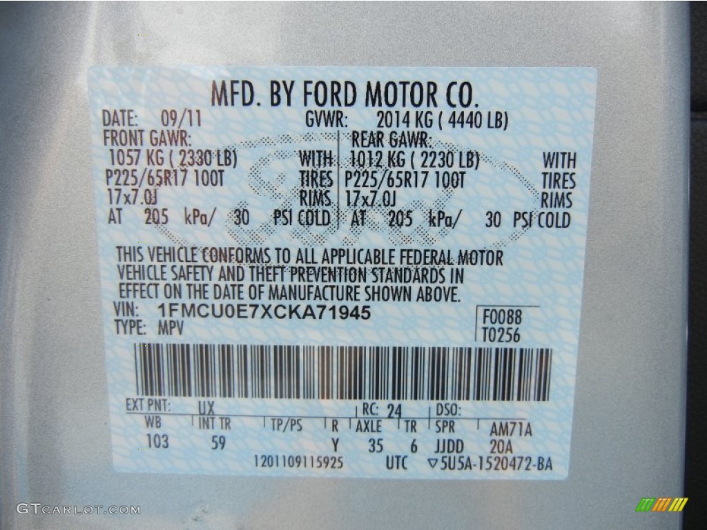 2012 Escape Color Code UX for Ingot Silver Metallic Photo #54580643