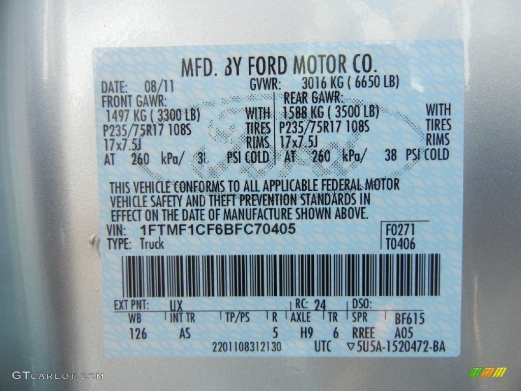 2011 F150 Color Code UX for Ingot Silver Metallic Photo #54581357