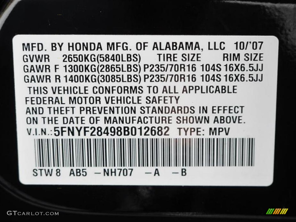 2008 Honda Pilot EX Color Code Photos