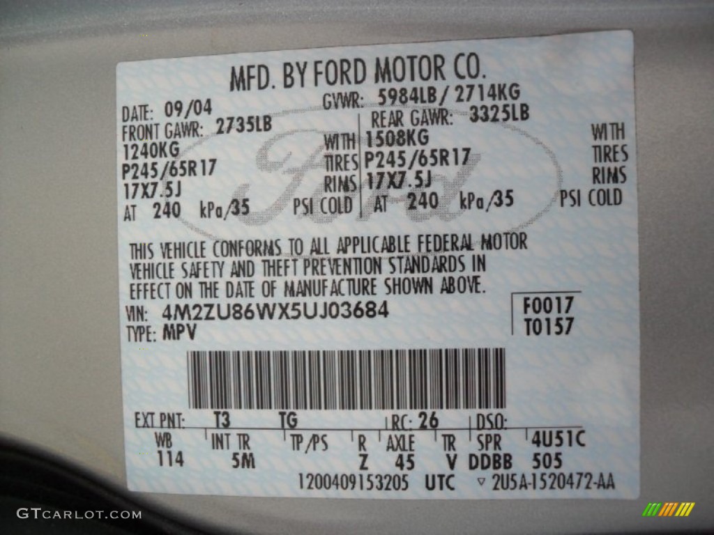 2005 Mercury Mountaineer V8 AWD Color Code Photos