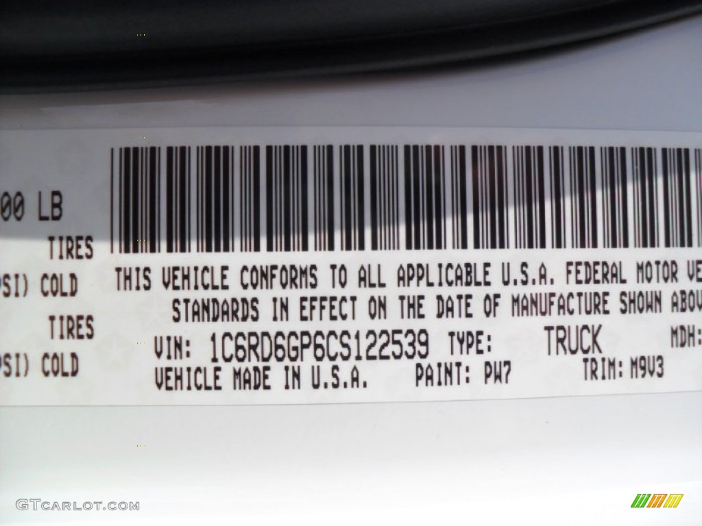 2012 Ram 1500 Color Code PW7 for Bright White Photo #54619701