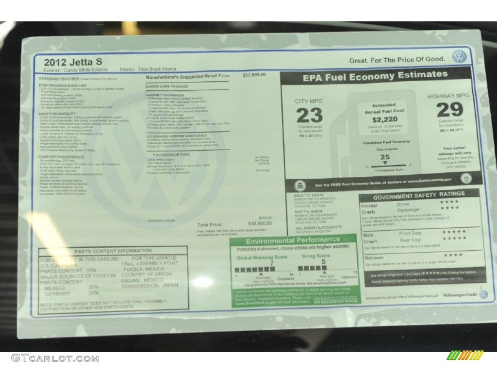 2012 Volkswagen Jetta S Sedan Window Sticker Photo #54634488