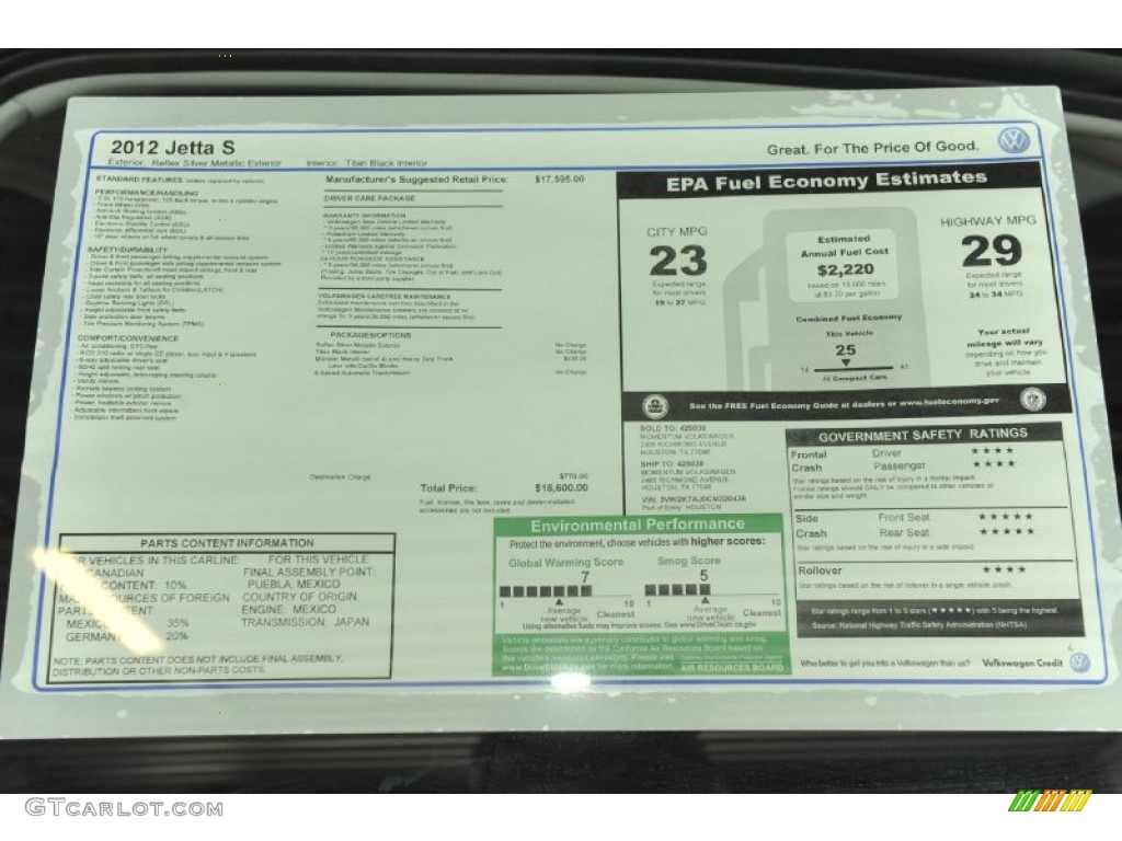 2012 Volkswagen Jetta S Sedan Window Sticker Photo #54635391
