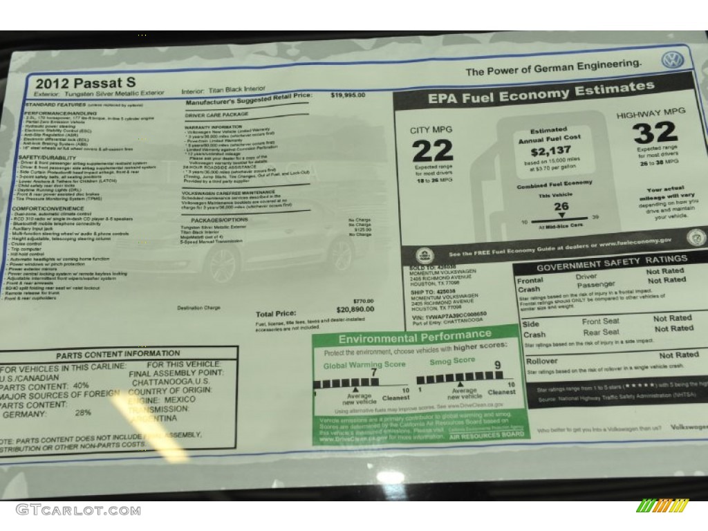 2012 Volkswagen Passat 2.5L S Window Sticker Photo #54636660