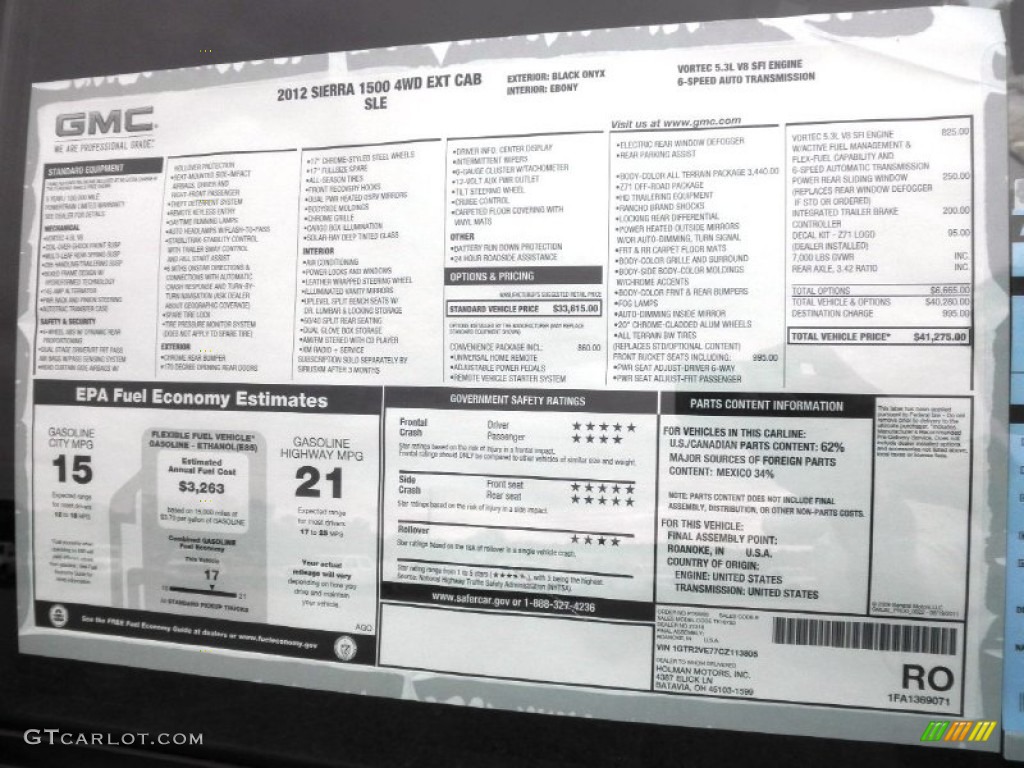 2012 GMC Sierra 1500 SLE Extended Cab 4x4 Window Sticker Photo #54639570