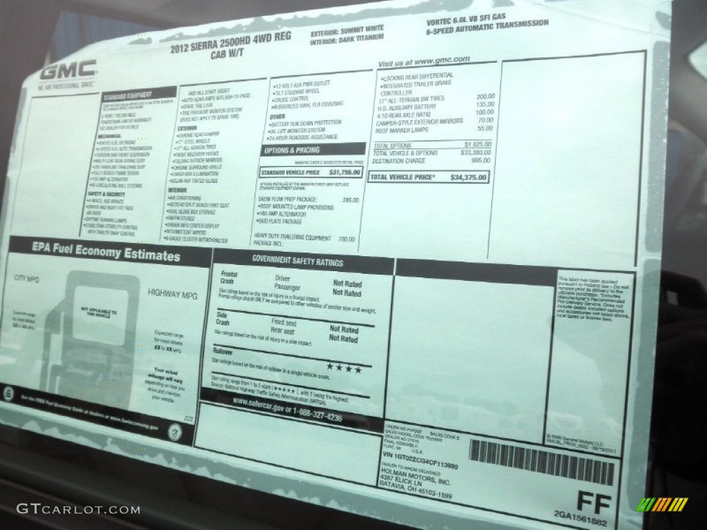 2012 GMC Sierra 2500HD Regular Cab 4x4 Window Sticker Photo #54639728