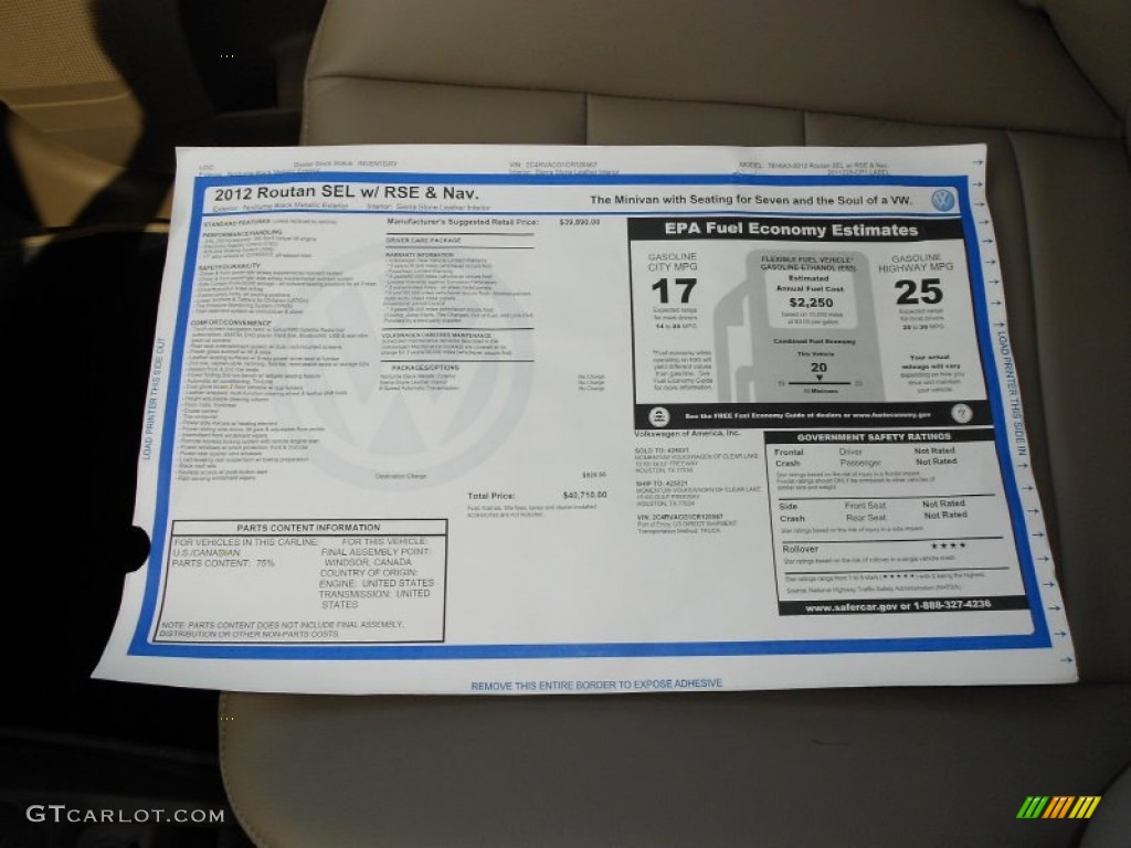 2012 Volkswagen Routan SEL Window Sticker Photo #54641882