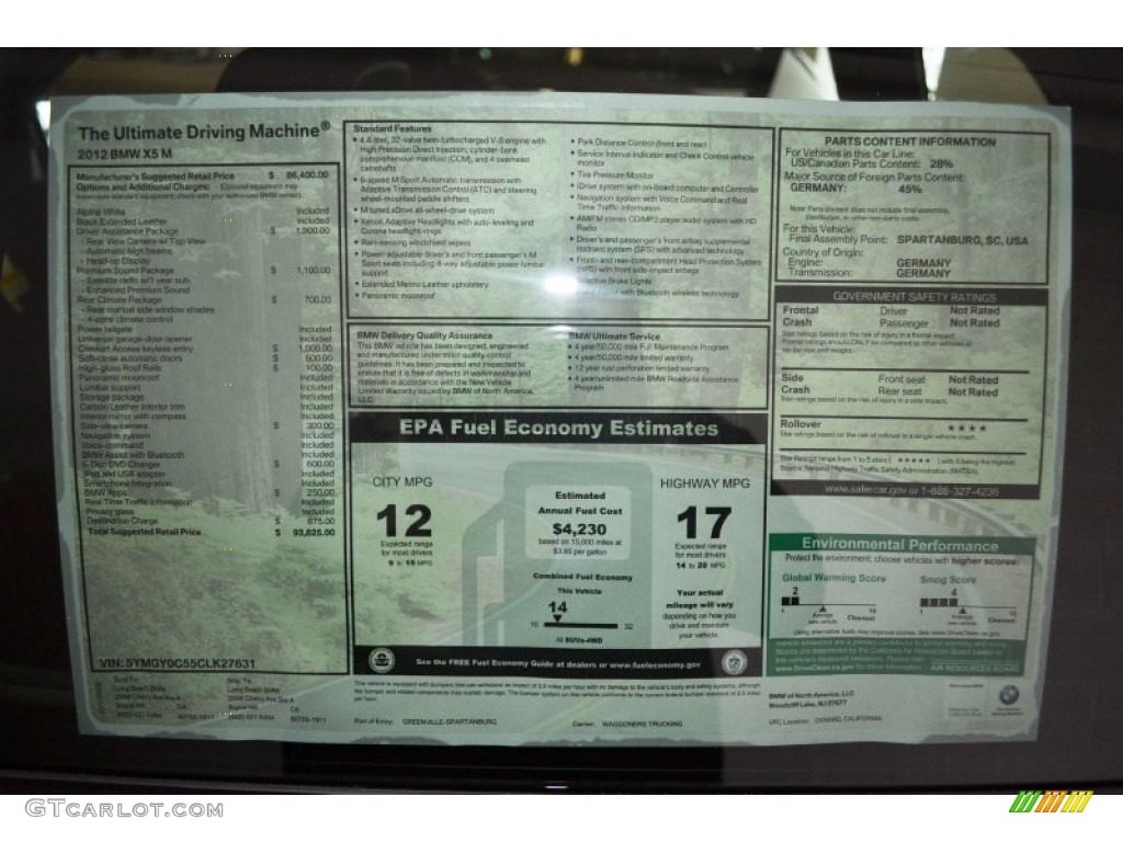 2012 BMW X5 M Standard X5 M Model Window Sticker Photo #54669132