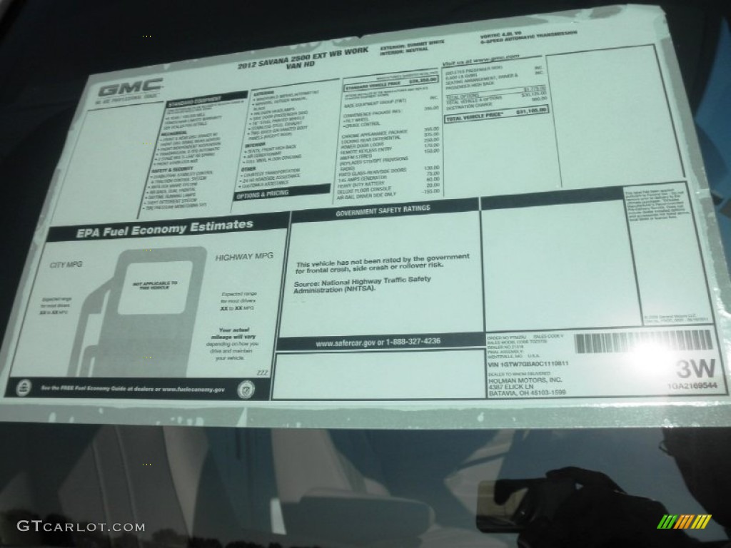 2012 GMC Savana Van 2500 Extended Cargo Window Sticker Photo #54696953