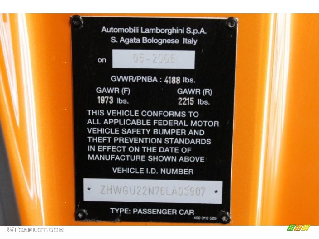 2006 Lamborghini Gallardo Spyder Info Tag Photo #54698866