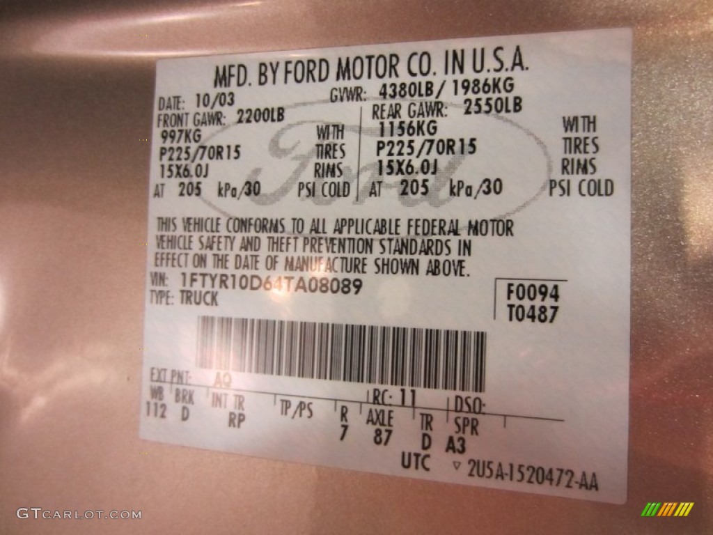 2004 Ranger Color Code AQ for Arizona Beige Metallic Photo #54719994
