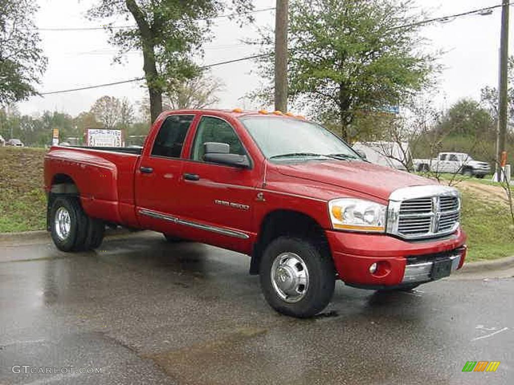 2006 Ram 3500 Laramie Quad Cab 4x4 Dually - Inferno Red Crystal Pearl / Khaki photo #1