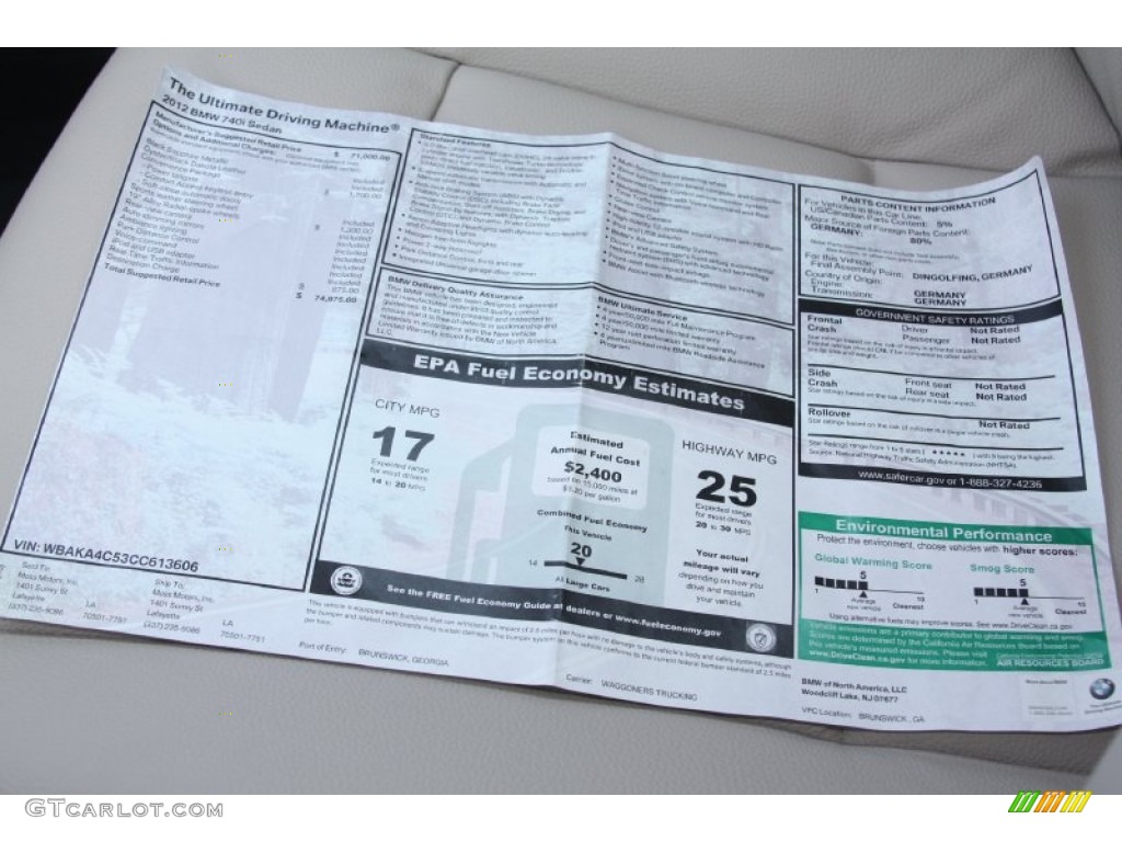 2012 BMW 7 Series 740i Sedan Window Sticker Photo #54758153